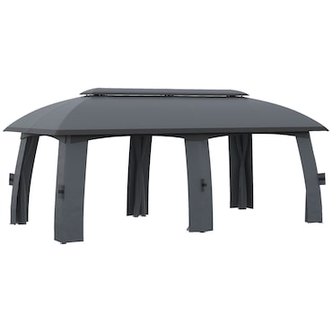 Outsunny Pérgola de Jardim 3x6m com Teto Duplo com 6 Telas Mosquiteiras Zíper e Estrutura de Metal Cinza Escuro