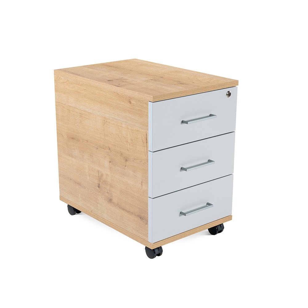 Armário de gavetas móvel de Rocada 3 gavetas. Cor: carvalho estrutura / cinza frontal