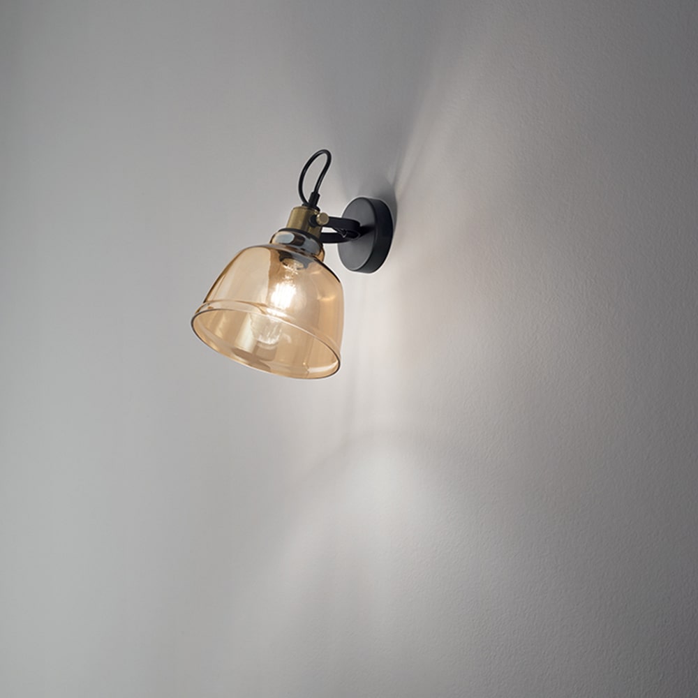 Applique Contemporanea Vintage Metallo Nero Vetro Ambra 1 Luce E27