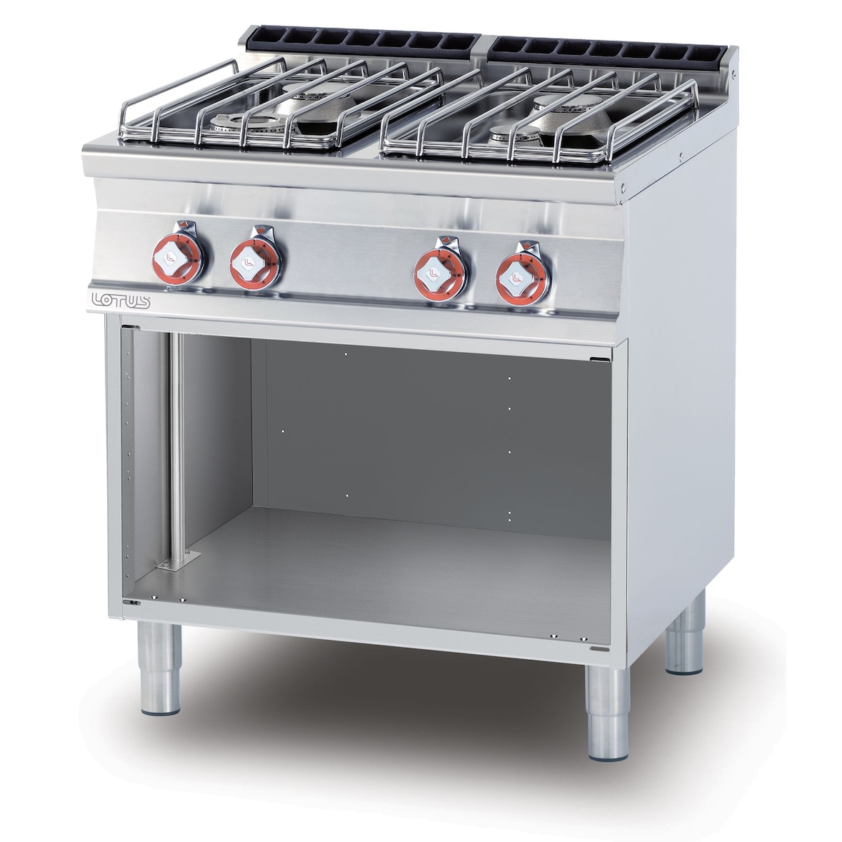 Cucina gas 4 fuochi con fiamma pilota su vano a giorno. Struttura in acciaio inox. Misure 80x70,5 h 90 cm. Modello PC-78GP