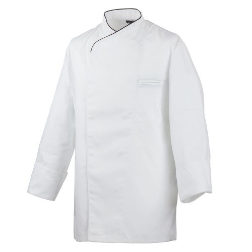 215 - Kochjacke langarm, mit Druckknöpfen, Fb. weiss, Paspel schwarz : schwarz 100% Baumwolle 230 g/m² (15) XS