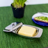 thumbnail of Relaxdays Butterdose mit Griff 6 x 19,5 x 13 cm HxBxT, 250 g Butter Schale mit Butterglocke in Edelstahl-Optik, silber