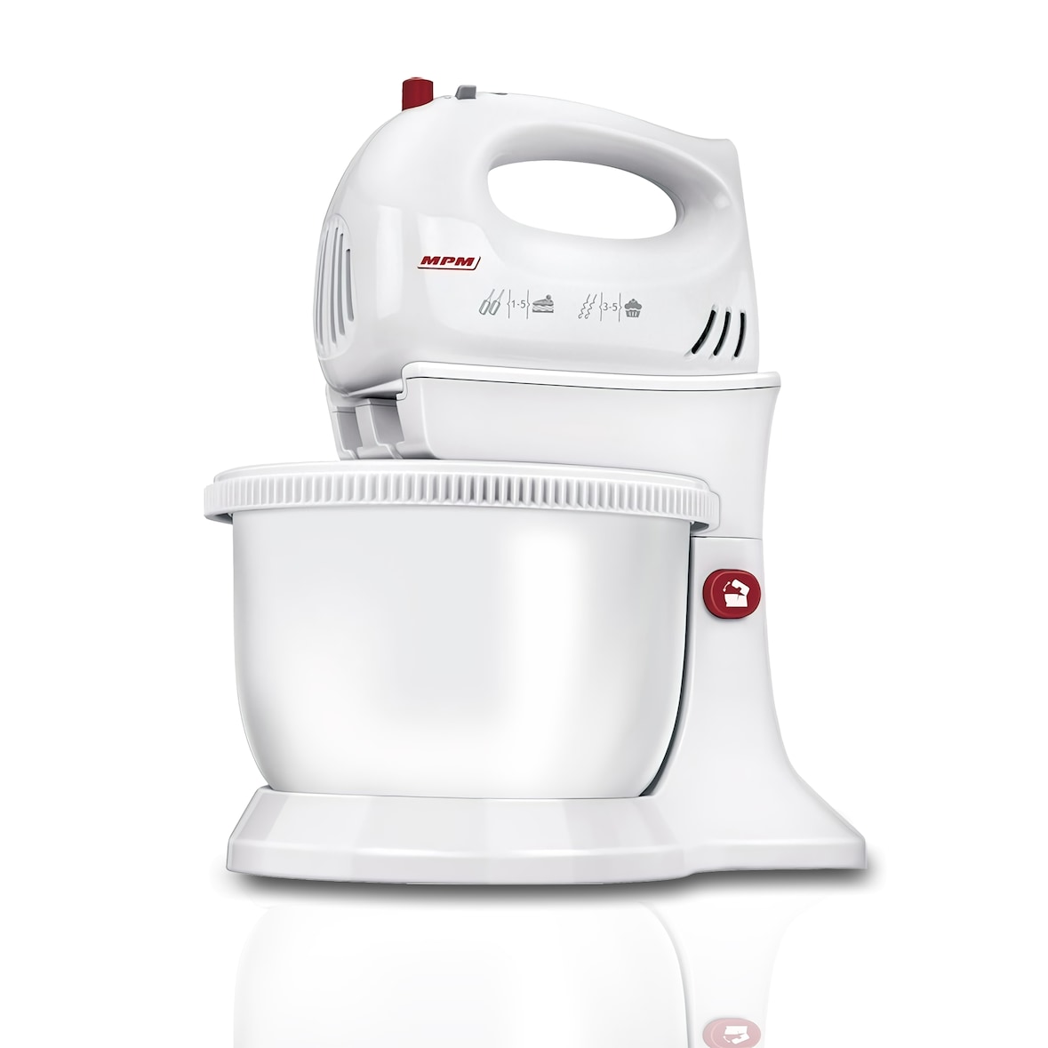 MPM MMR-16Z Batidora Amasadora Repostería con Bol 3,4 L, 5 Velocidades+Turbo, Bol Giratorio, Accesorios Acero Inox. 750W Blanco