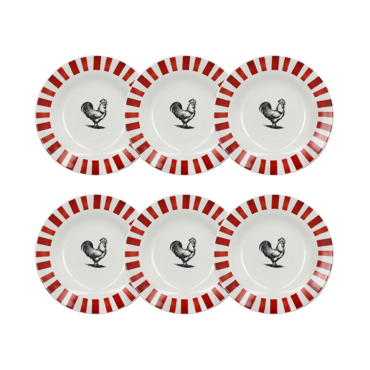 Novastyl - Lot 6 assiettes creuses cocorico 20cm en porcelain rouge et blanc