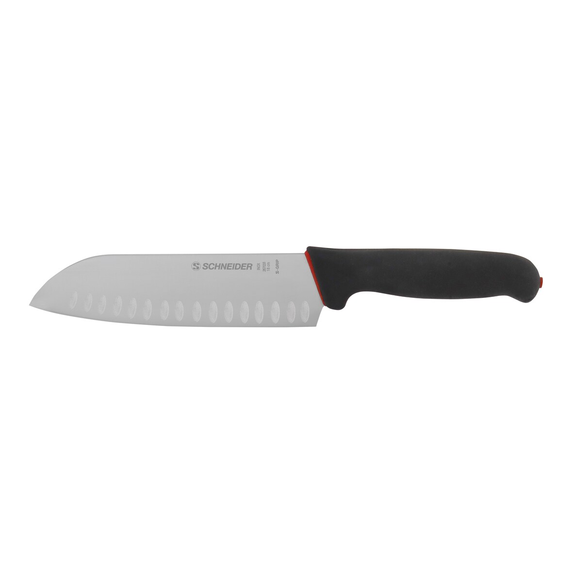Schneider - S-Grip Santoku, mit Kullenschliff, Griff: schwarz, rot, 180 mm