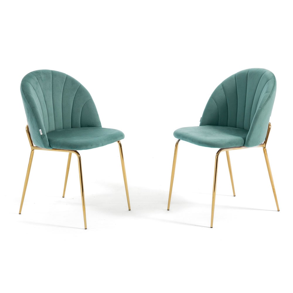 Set de 2 sillas de interior en terciopelo, acolchadas, con patas de metal, diseño elegante para cocina, comedor o restaurante–Verde jade/Oro–Sonia