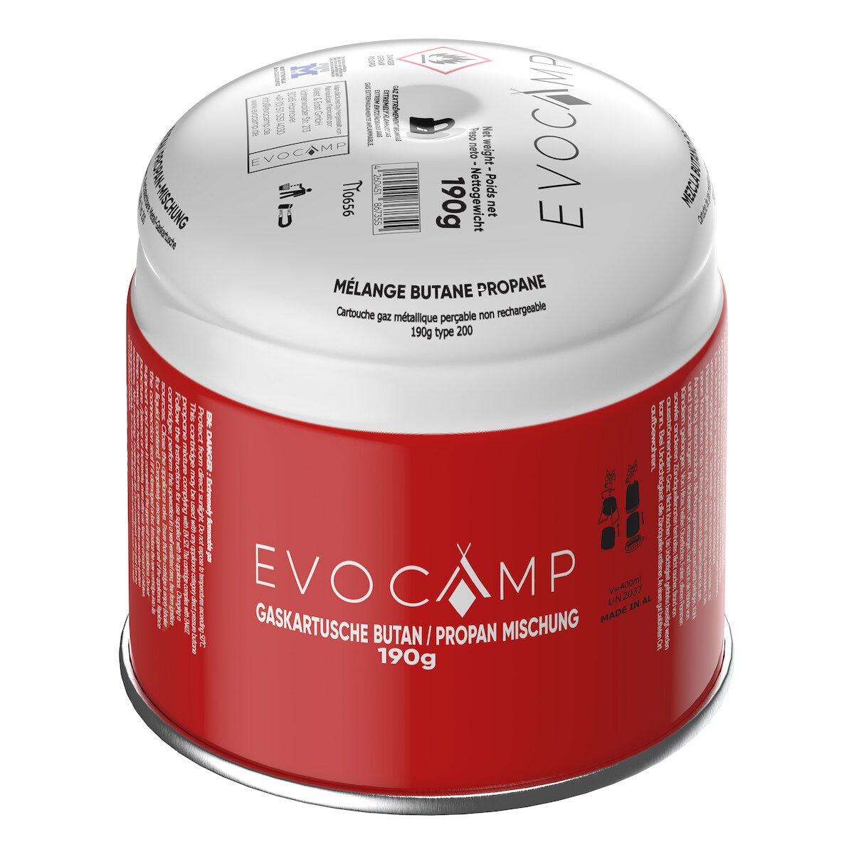 EVOCAMP 12x Propan Butan Gaskartusche 190g Stechgaskartusche für Gaskocher Gasbrenner mit Sicherheitsventil Typ 200 EN 417