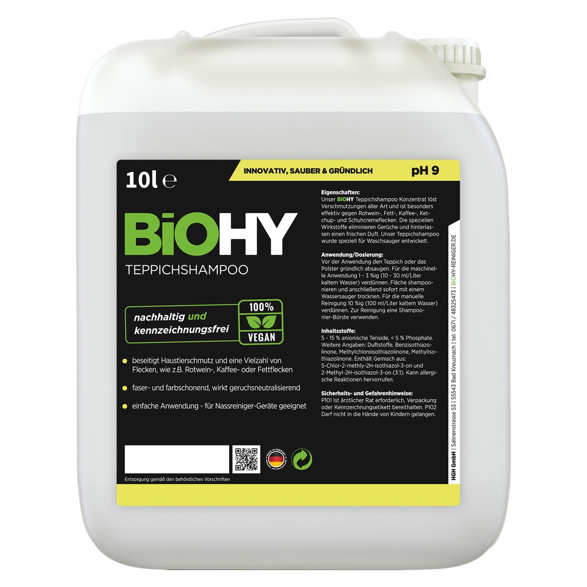 BiOHY Teppichshampoo (10l Kanister) | Teppichreiniger ideal zur Entfernung von hartnäckigen Flecken | SPEZIELL FÜR WASCHSAUGER ENTWICKELT