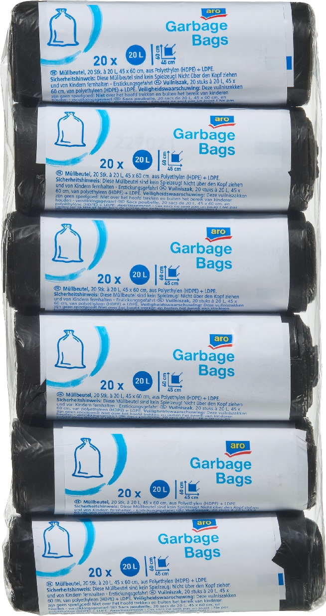 aro Müllsack, 45 x 60 cm, 20 L, transparent, 6 x 20 Stück, 8 Packungen