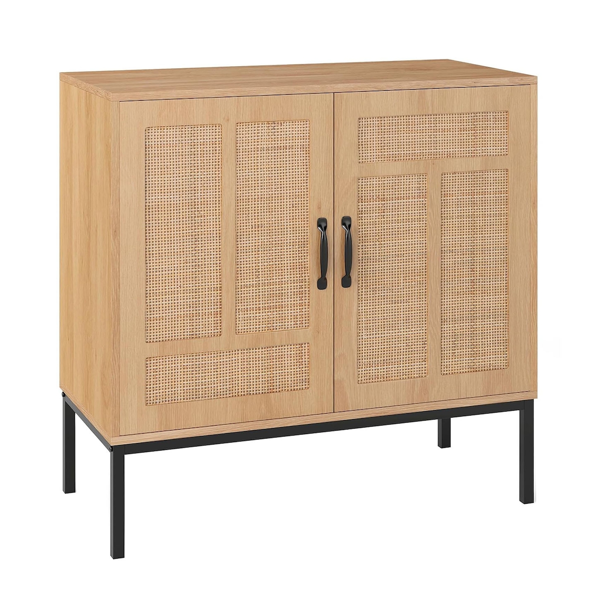 COSTWAY Sideboard mit 2 Rattantüren, Boho Holzküchenschrank, Buffetschrank mit 3-Wege verstellbarem Regal und Metallbeinen