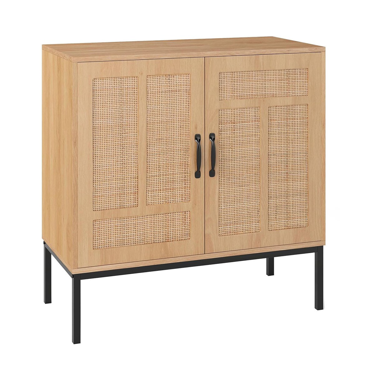 COSTWAY Sideboard mit 2 Rattantüren, Boho Holzküchenschrank, Buffetschrank mit 3-Wege verstellbarem Regal und Metallbeinen