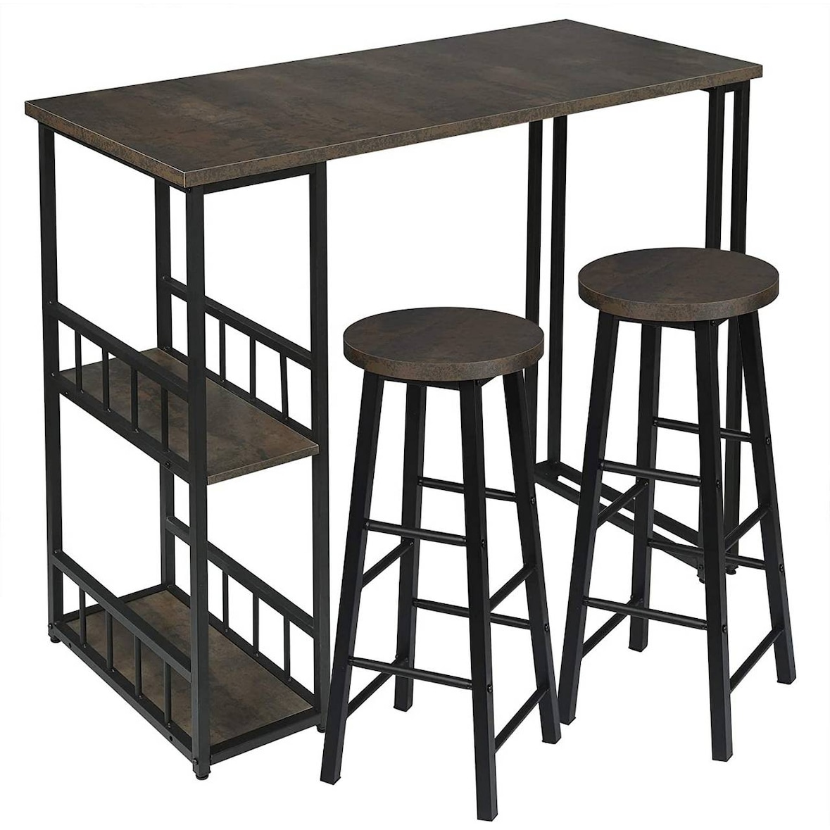 Bartisch-Set mit 2 Barhockern 3-teiliges Tischset Stehtisch Barstuhl mit 2 Ablagefläche aus Metallgestell und MDF schwarz-rostfarbe, Industriestil 