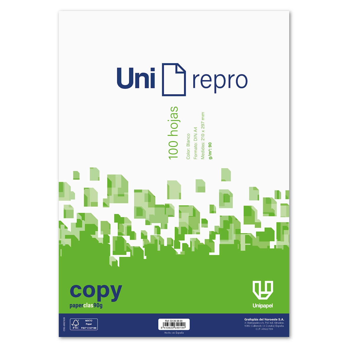 Paquete 100 hojas A4 liso 90G  Unirepro Copy