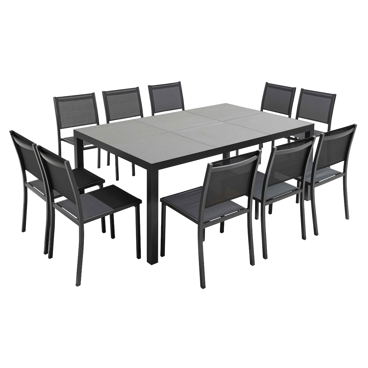 Table et 10 chaises de jardin aluminium céramique gris