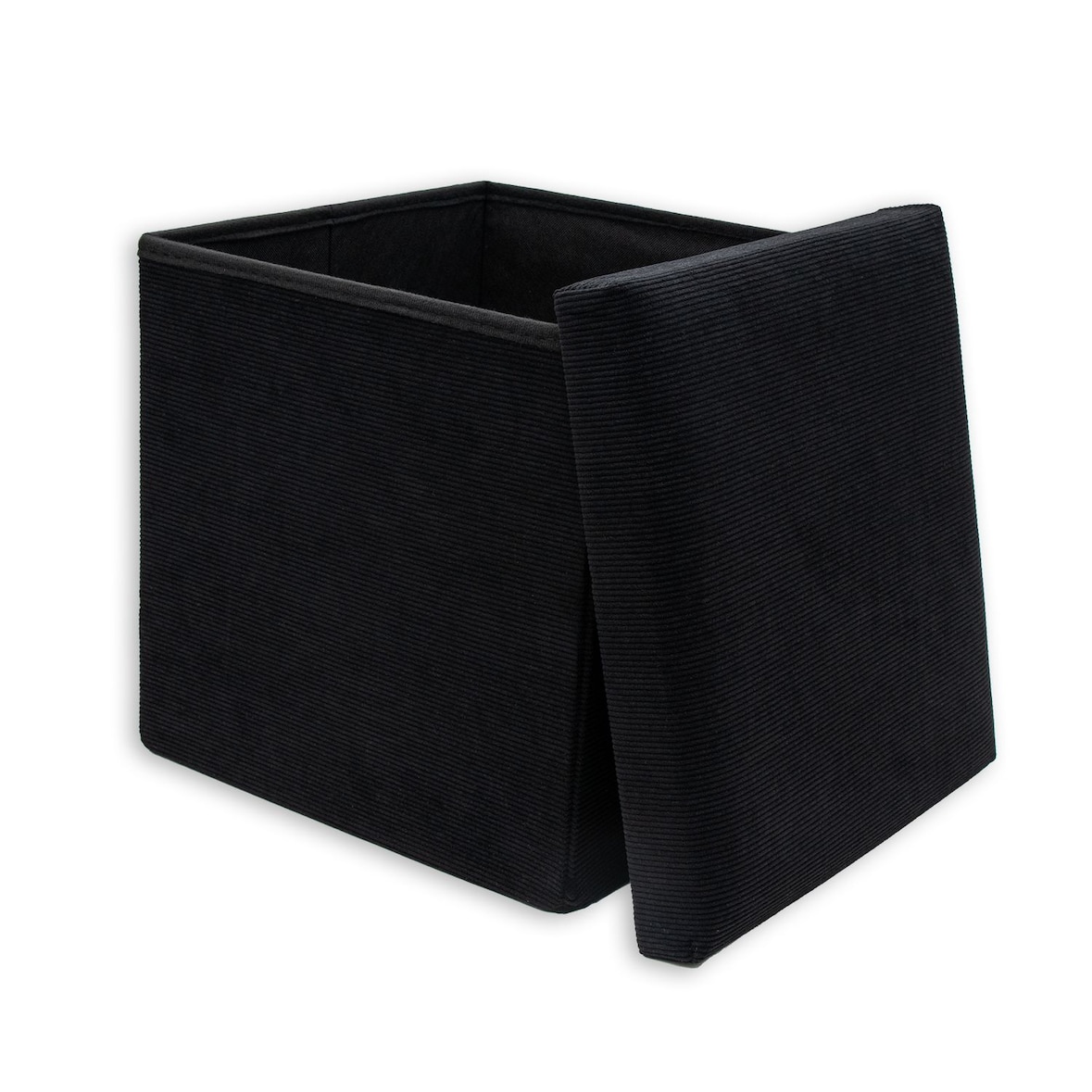 Intirilife Faltbarer Sitzhocker 38 x 38 x 38 cm in SCHWARZ - Sitzwürfel mit Stauraum und Deckel aus Stoff in Cord Optik Fußablage Aufbewahrungsbox
