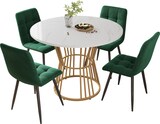 thumbnail of Essgruppe 5 teilig rund 100x100x75 cm mit 4 Samtstühlen Grün Tisch Weiß Marmoroptik MDF Metallgestell Gold modern für Küche und Essbereich