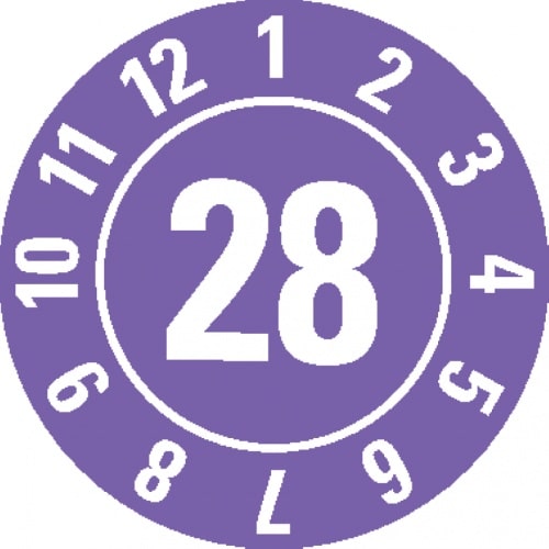 Dreifke® Prüfplakette 28, violett, Dokumentenfolie, Spezialkleber, Ø 10mm, 128 Stk.