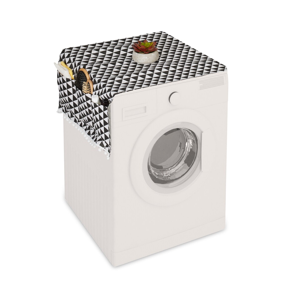 Relaxdays Waschmaschinenauflage mit Taschen, Polyester, Abdeckung Waschmaschine, Trockner, Kühlschrank, schwarz/creme
