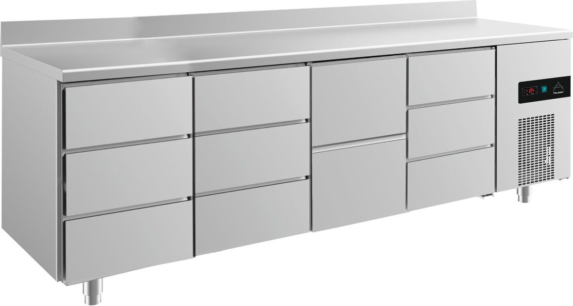 Gastro Kühltisch 2 Schubladen mittig je 3 Schubladen links&mittig&rechts Umluftkühlung Aufkantung, 2330x700x850mm -2/+8°C 632l