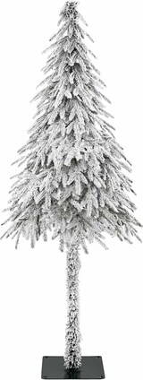 Ein schneebedeckter künstlicher Weihnachtsbaum auf einem Ständer.