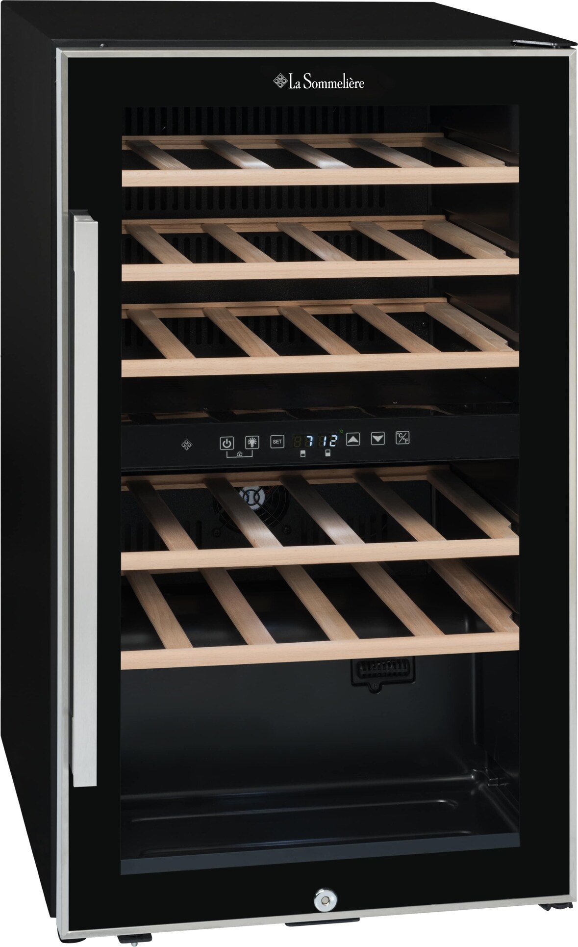 LA SOMMELIERE Cantinetta vino doppiazona per il servizio con porta vetro full glass nera con bordo inox. Larghezza 48cm, altezza 86cm