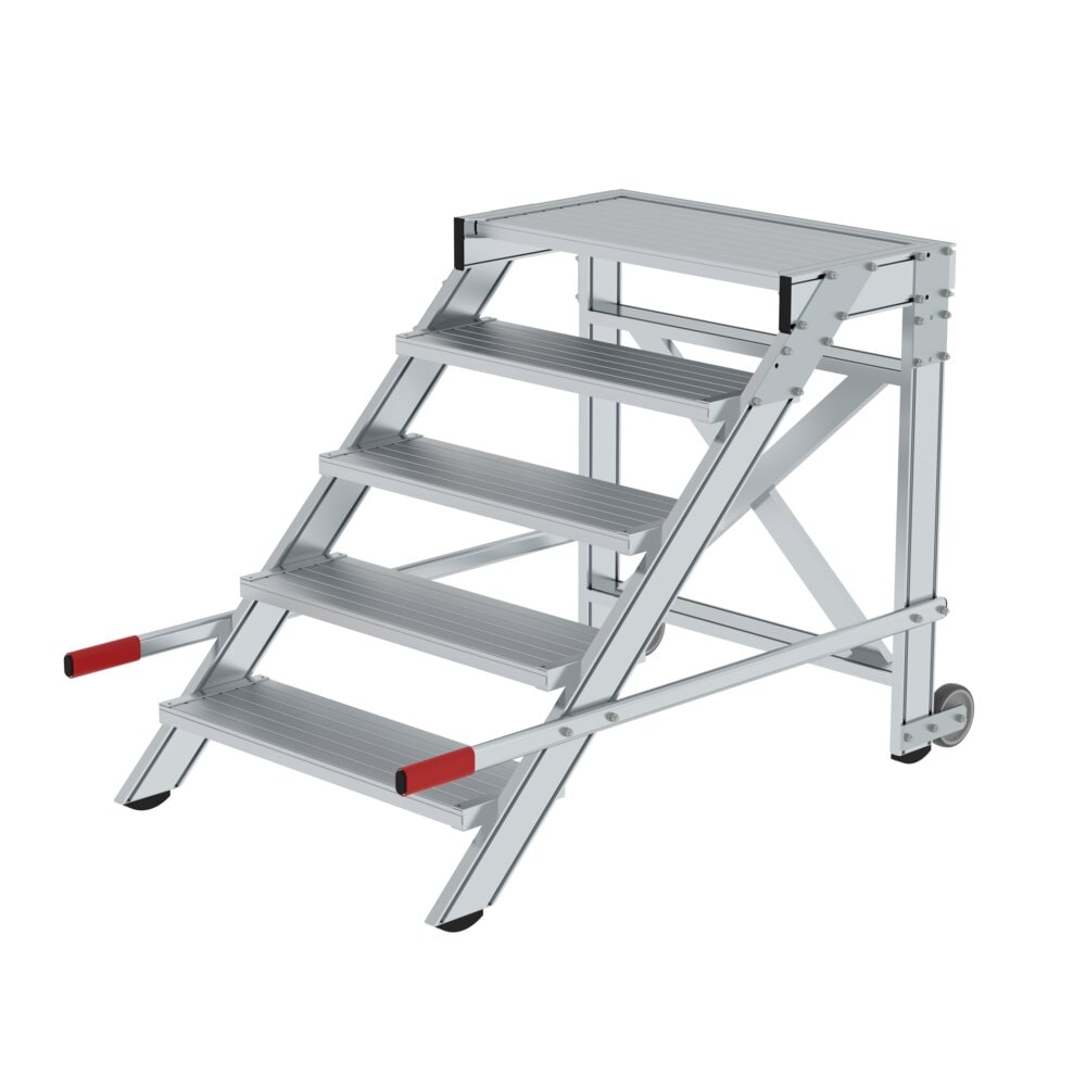 PROREGAL Arbeitspodest fahrbar | Stufenbreite 80cm | 5 Stufen | Aluminium geriffelt | Rutschfeste Kunststoffschuhe