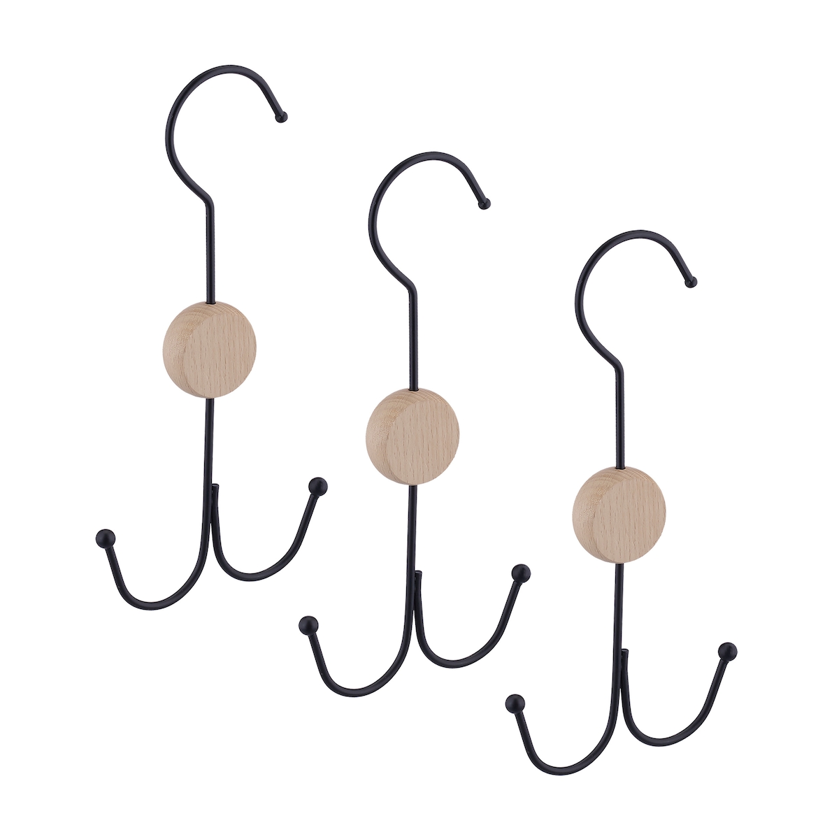 Relaxdays Gürtelhalter, 3er Set, 2 Haken für Gürtel, Taschen, Krawatten, Gürtel Organizer Schrank, Metall, Holz, schwarz