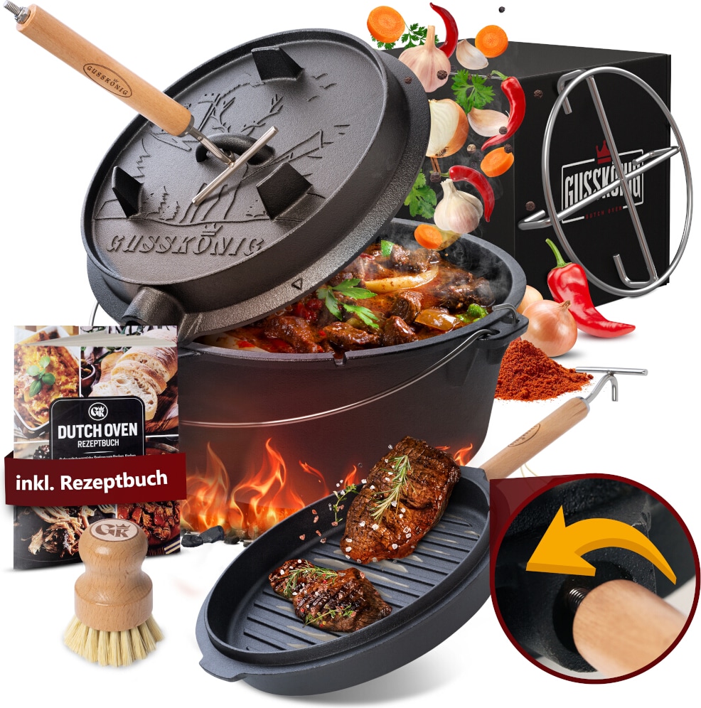 Gusskönig Set Dutch Oven 4,5 l ohne Füße 2in1 mit Deckelheber, Bürste und Untersetzer