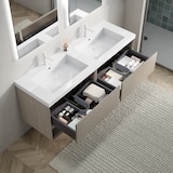 thumbnail of Badezimmer-Waschtisch 53×140×46 cm mit 2 weißen Resinbecken, Eiche Hell, 2 Schubladen und 2 offenen Regalen