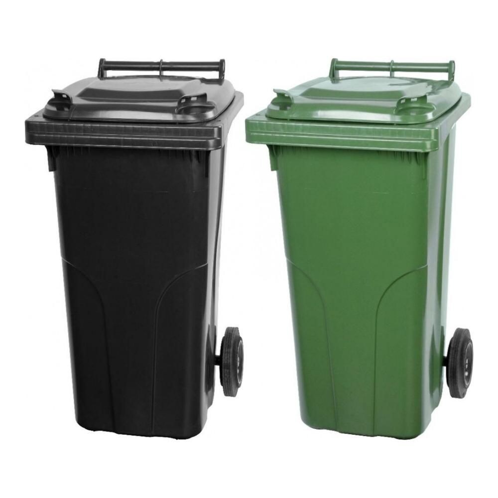 Mega Deal 2x PROREGAL 2-Rad-Mülltonne, 120 Liter, HDPE Kunststoff, Grau & Grün, Mülltonne, Müllgroßbehälter, Mülleimer, Abfalltonne, Müllbehälter