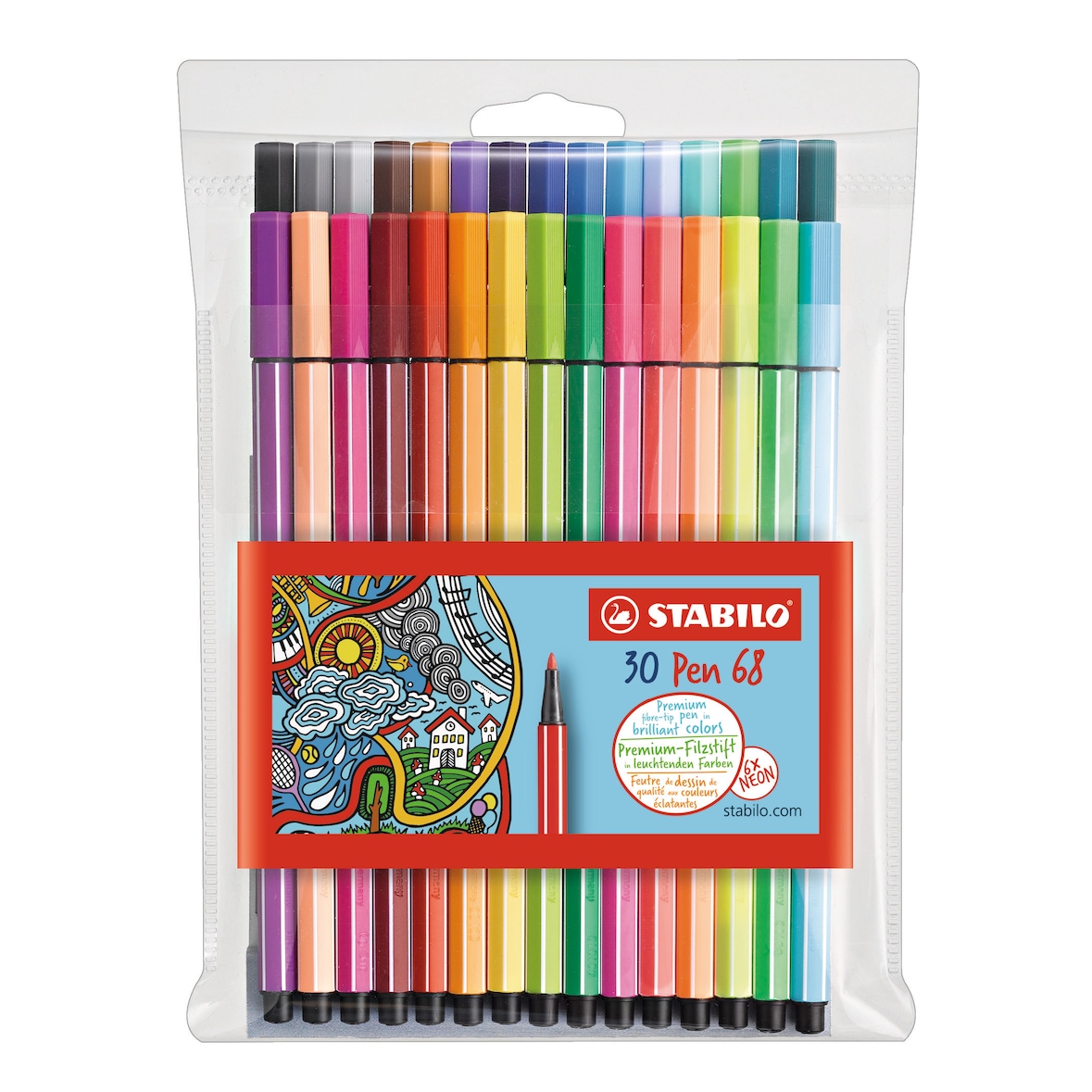 STABILO 30 feutres de dessin pointe moyenne Pen 68 dont 6 fluo