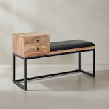 thumbnail of Sitzbank Ziegenleder / Massivholz Bank 100x60x35 cm im Retro Stil, Flur Polsterbank Metall mit Stauraum, Gepolsterte Lederbank Aufbewahrung Schwarz,