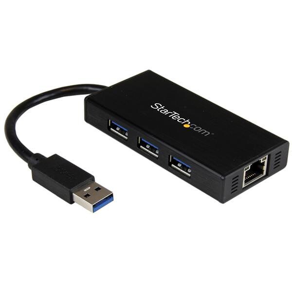 StarTech.com 3 Port USB 3.0 Hub mit Gigabit Ethernet Adapter aus Aluminum - Verkabelt - USB - Ethernet - 5000 Mbit/s - Schwarz