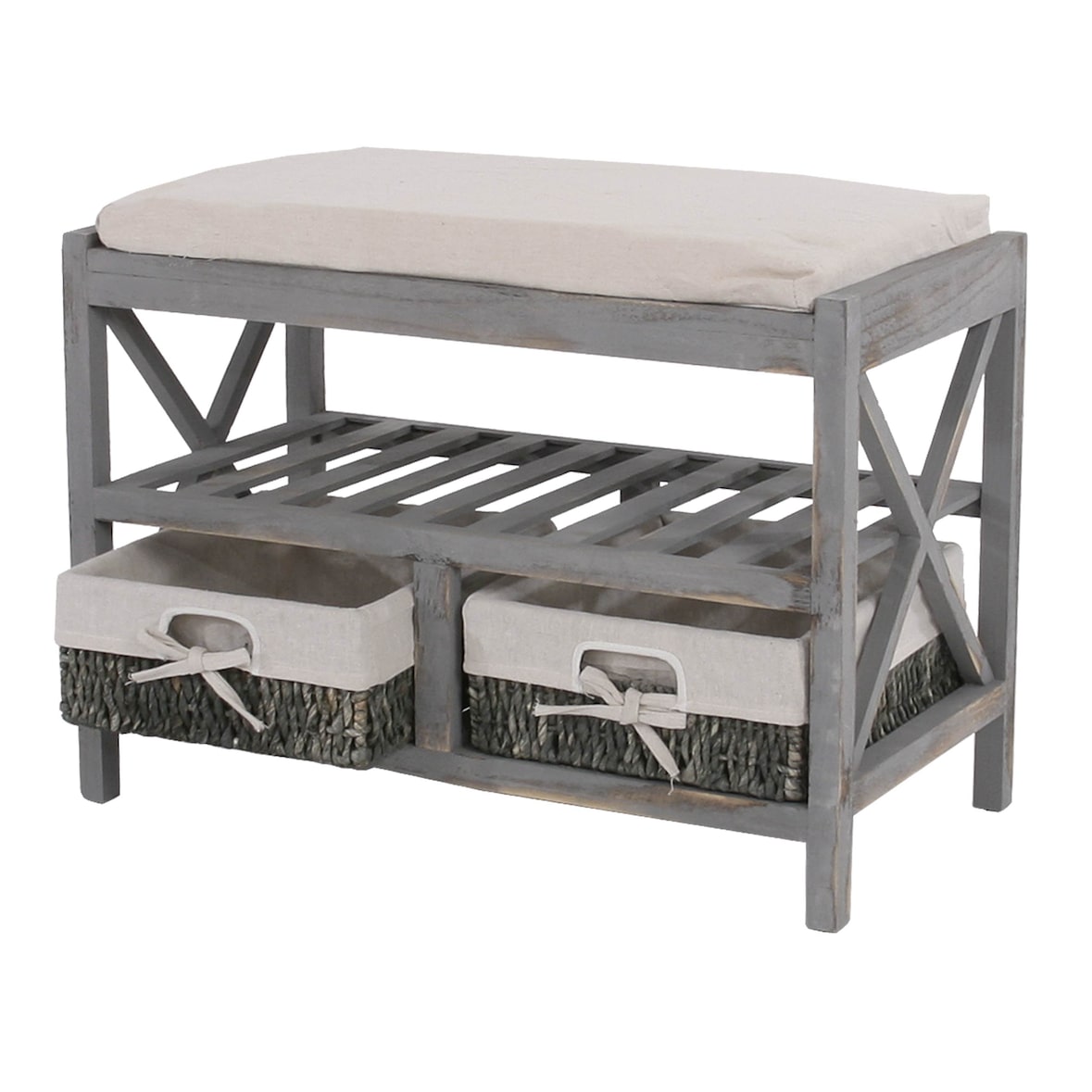 Schuhregal HWC-C48, Sitzbank Schuhablage, Shabby-Look Vintage 45x65x34cm ~ grau