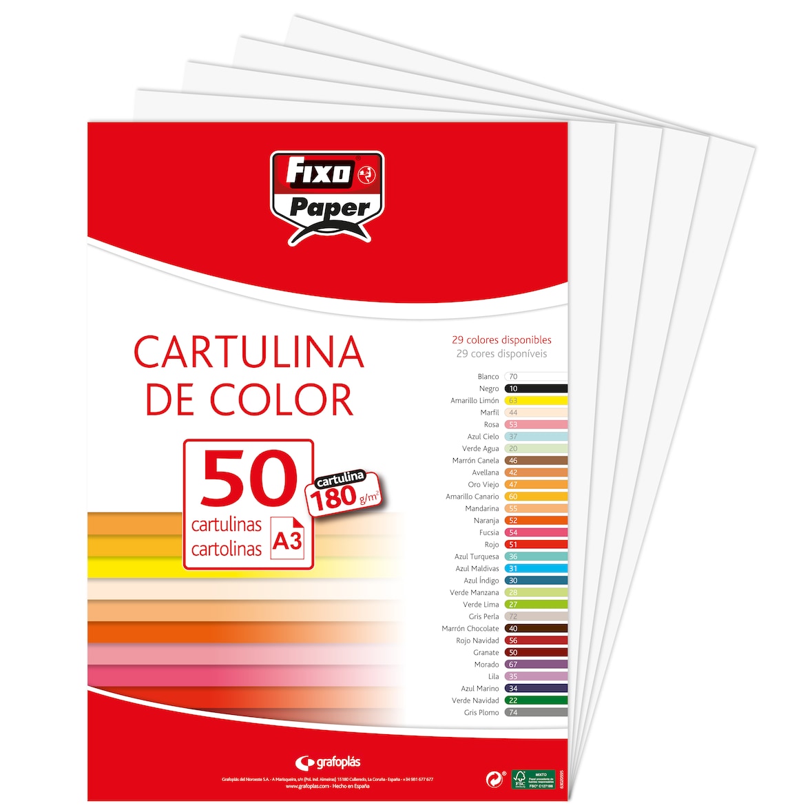 Paquete 50 Cartulinas de 180g Tamaño A3 Color  blanco