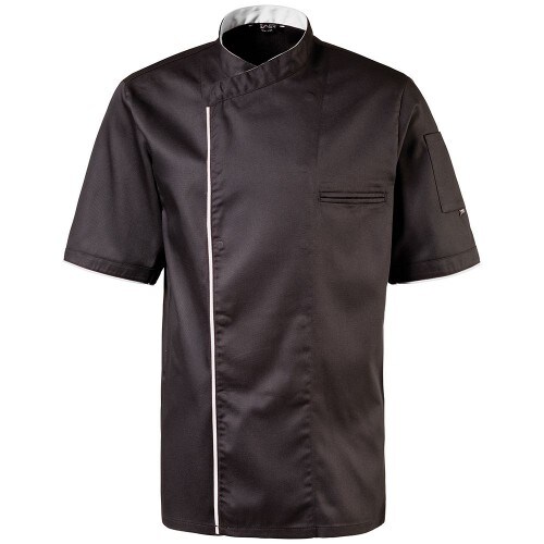 224 - Kochjacke halbarm, Druckknöpfe, Fb. schwarz mit farbiger Paspel : weiß 65% Polyester 35%Baumwolle 220 g/m² S