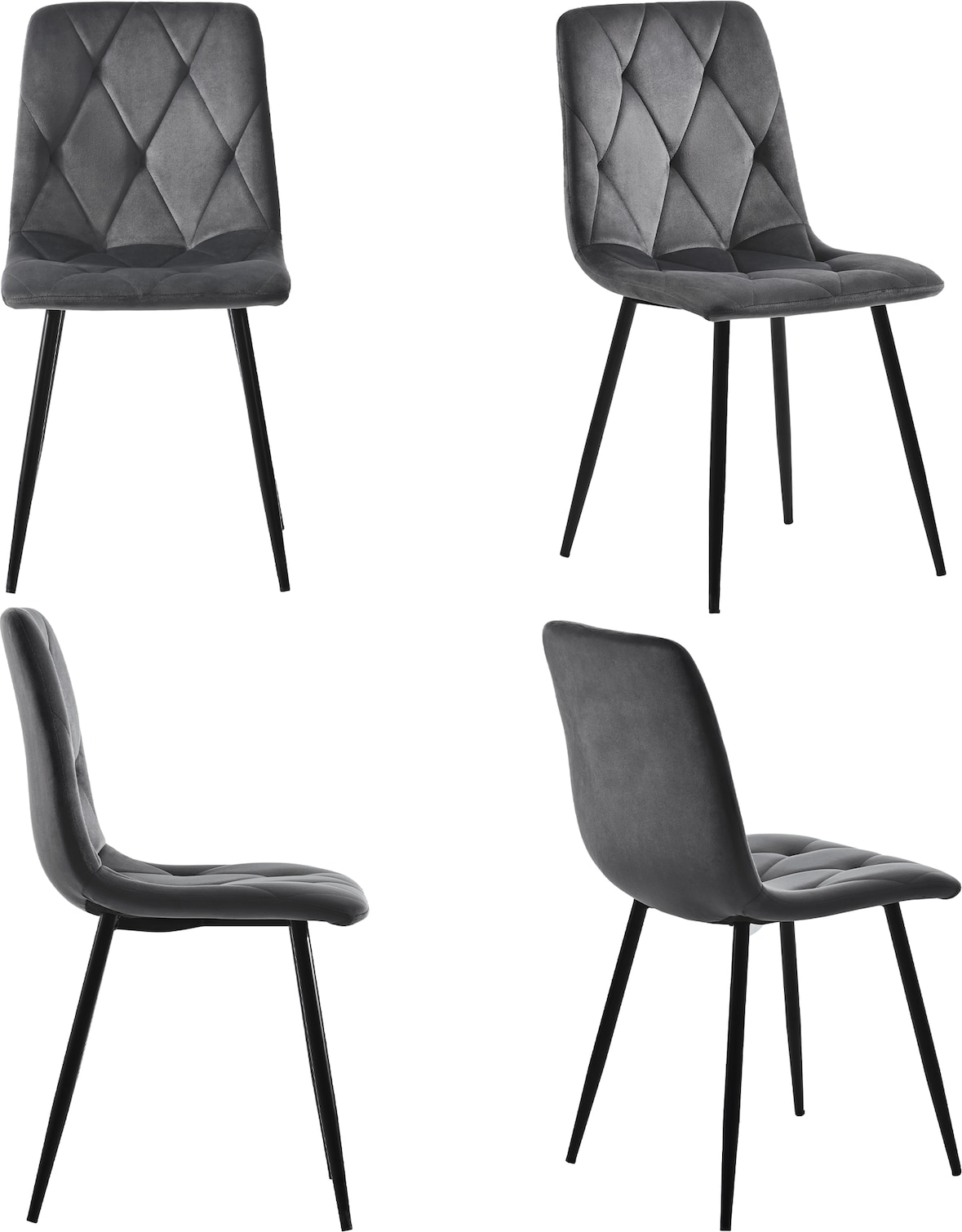 Esszimmerstühle 4er-Set, Samt Grau, mit Rückenlehne und schwarzen Metallbeinen, belastbar bis 150 kg