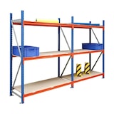 thumbnail of PROREGAL Weitspannregal MOOSE Stecksystem Omega-Profil, Grundregal, HxBxT 250x150x80cm, 4 Ebenen, Spanplatten-Fachboden, Fachlast 975kg, Blau/Orange