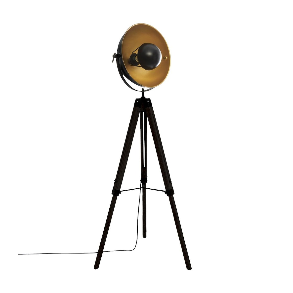 Lampadaire Trépied en Bois et Métal Noir et Doré H 162 cm