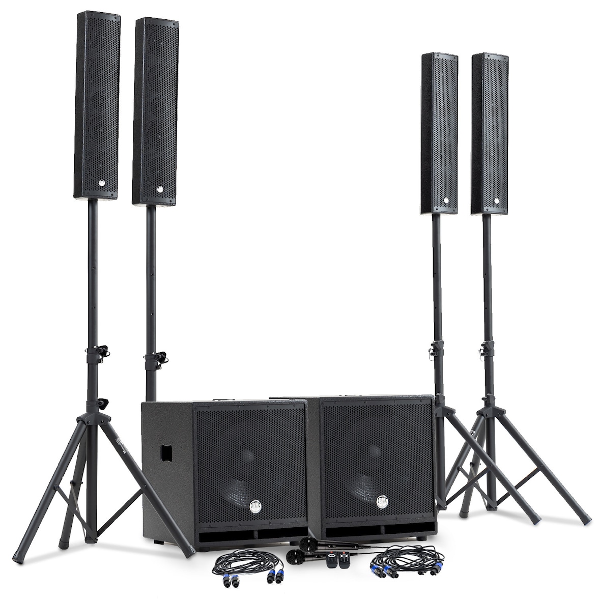 Système Sonorisation Complet 2400W DJ BM SONIC, 4 Enceintes satellites, 2x Méga SUB 38cm USB/Bluetooth, Supports Câbles, Micros