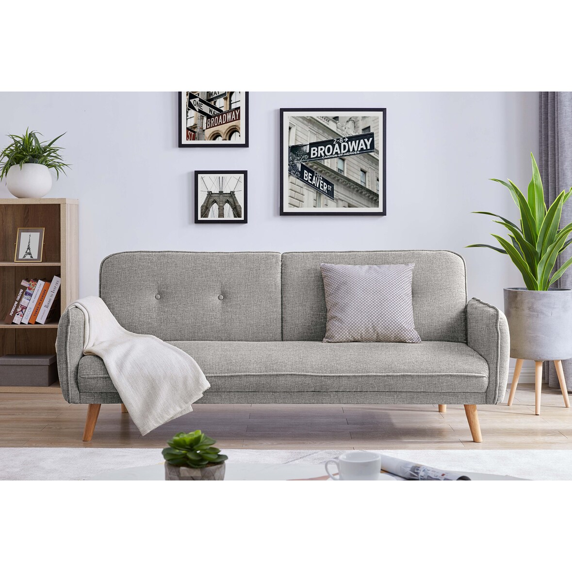 SalesFever Sofa 3-Sitzer | mit Schlaffunktion | Bezug Strukturstoff | Beine Hevea-Holz | B 188 x T 85 x H 80 cm | hellgrau – natur