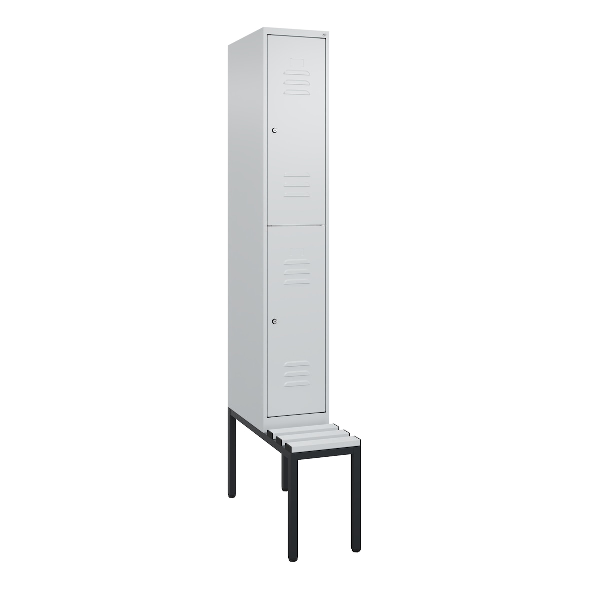 C+P Spind Classic PLUS, Kunststoff untergebaute Sitzbank, 2 Abteile, HxBxT 212x30x82cm, Zylinderschloss, Hellgrau/Hellgrau von PROREGAL