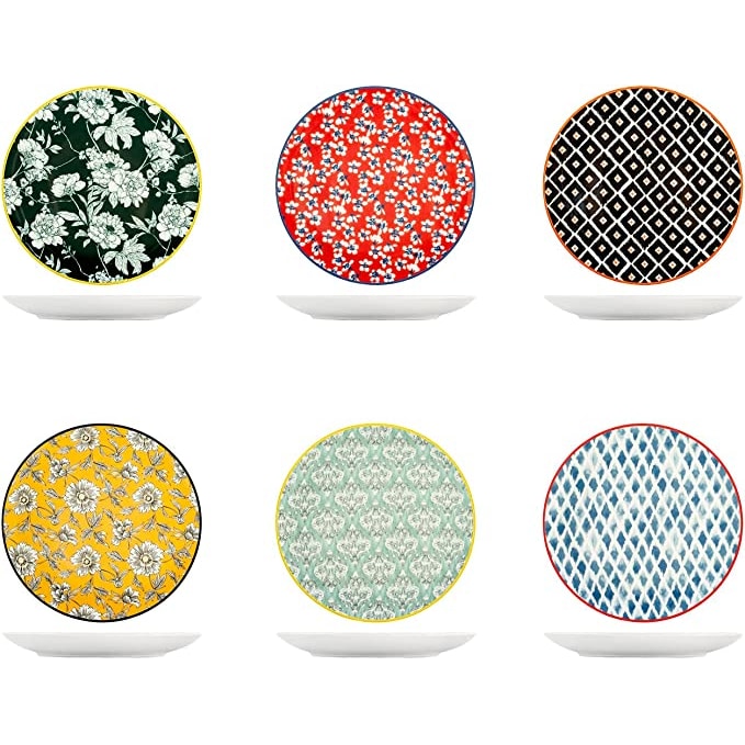 H&H Confezione 6 Piatti Frutta Colourful Forma Coupe Decorato Porcellana, Decorato, Cm 19