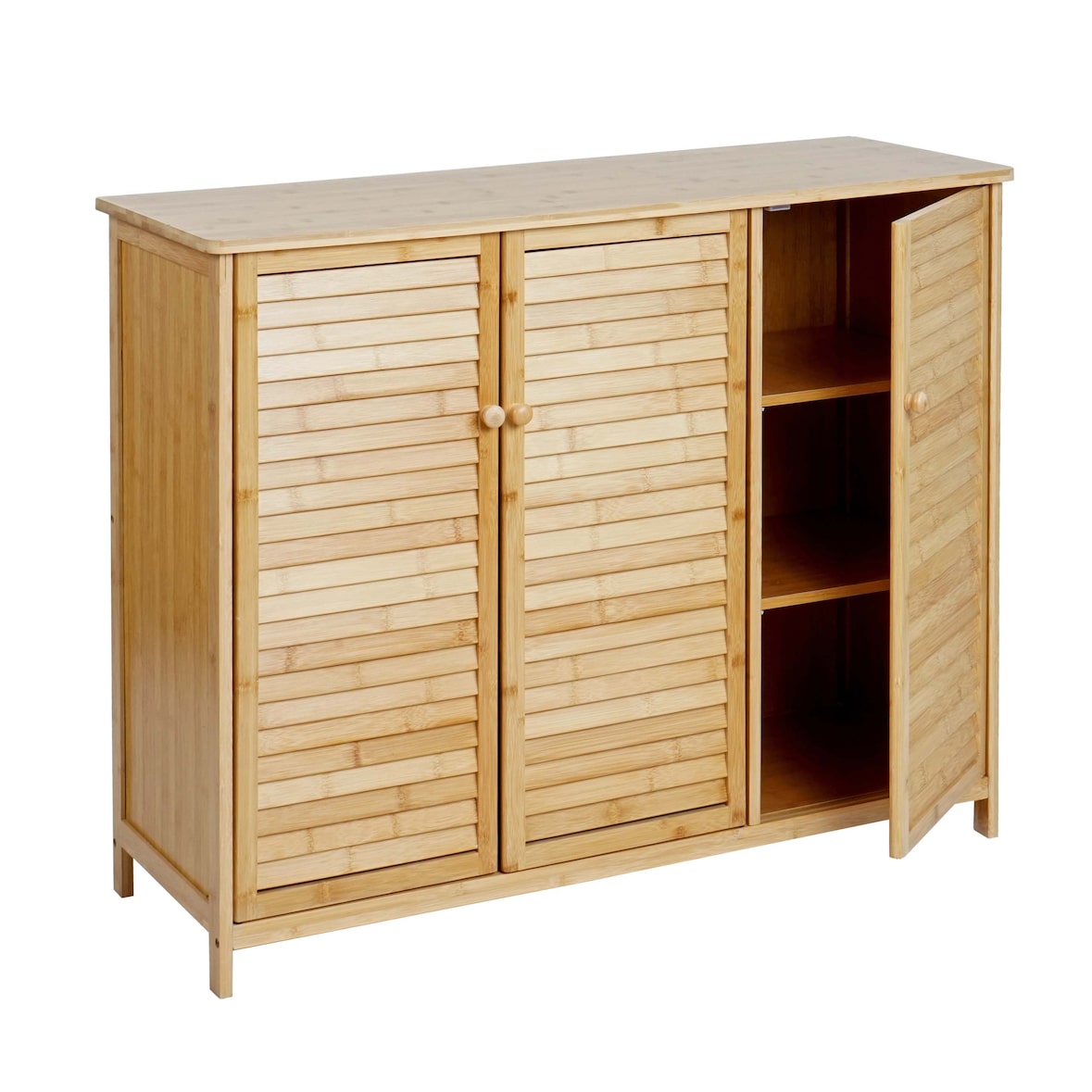 Badezimmerschrank HWC-B18, Badschrank Regal Badregal Kommode, 3 Türen Bambus 81x97x34cm