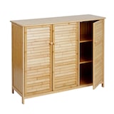 thumbnail of Badezimmerschrank HWC-B18, Badschrank Regal Badregal Kommode, 3 Türen Bambus 81x97x34cm