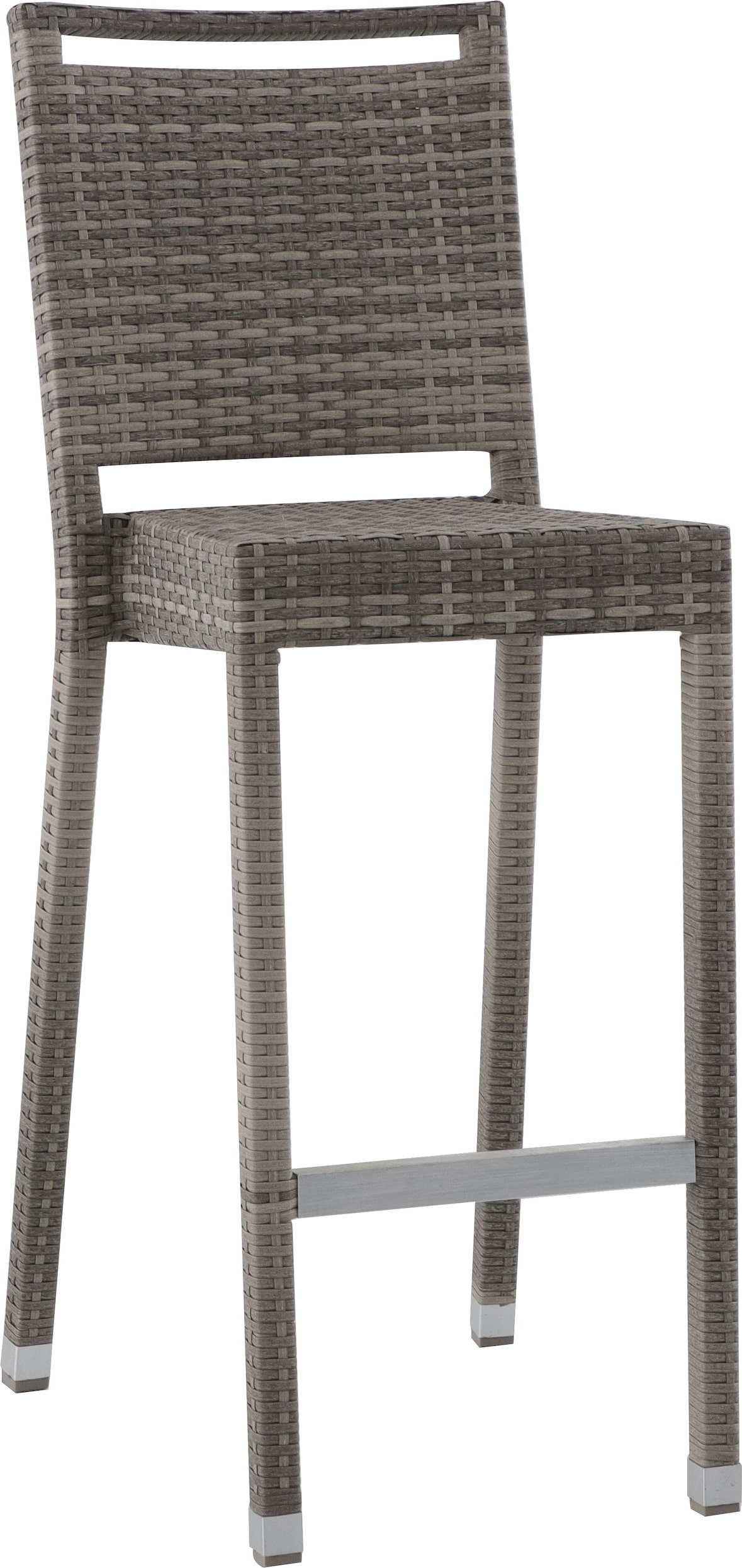 METRO Professional Sgabello da bar BARBADOS, alluminio / rattan PE, 46 x 61 x 114 cm, impilabile, con poggiapiedi e foro nello schienale, grigio