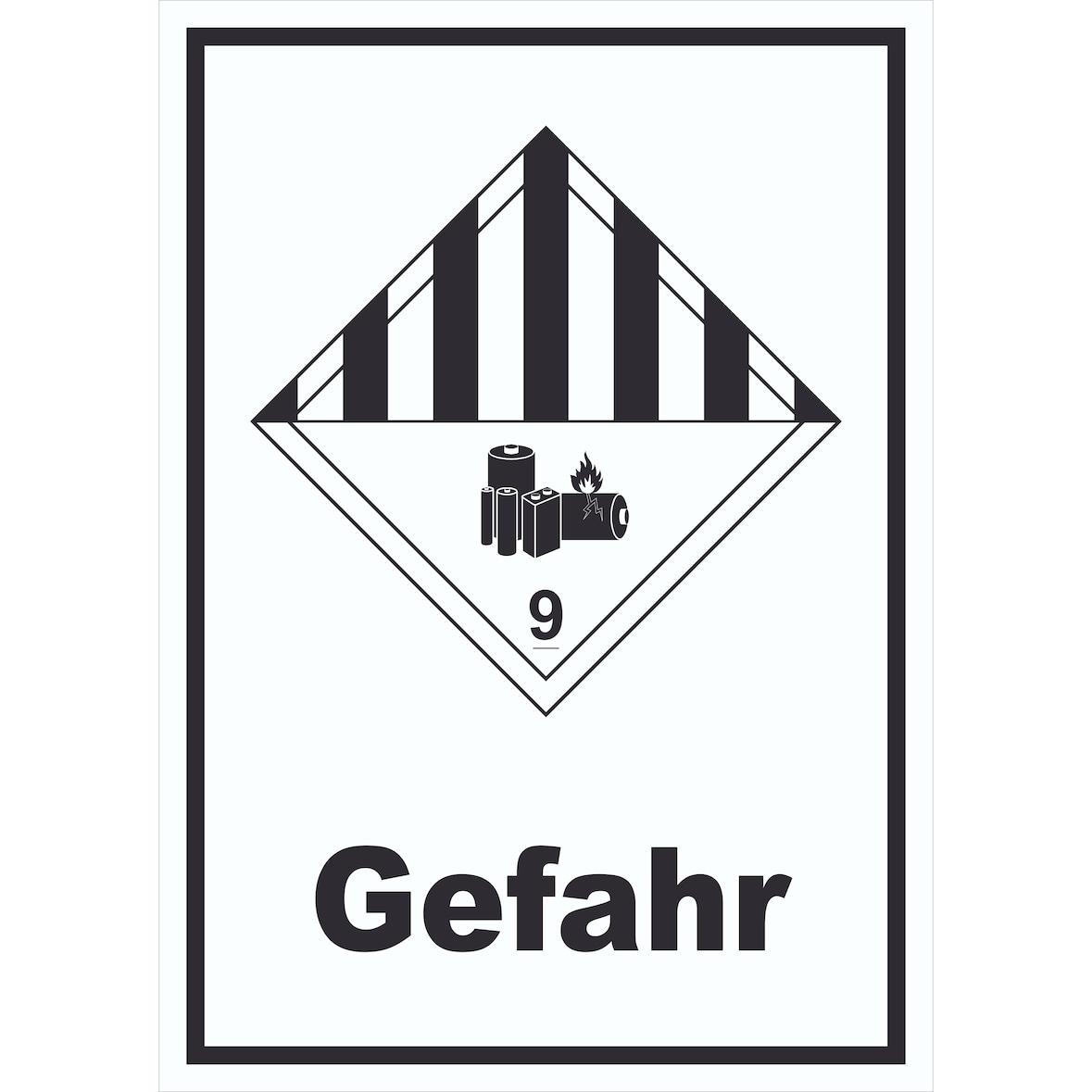 Schild Achtung Lithiumbatterien Gefahr Gefahrgutklasse 9a hochkant A2 (420x594mm)