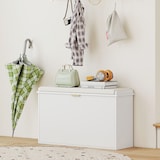 thumbnail of HOMCOM banco zapatero mueble zapatero banco recibidor con asiento acolchado cajón abatible y panel de tablillas 80x26x47,5 cm blanco