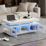 thumbnail of Moderner Couchtisch Weiß mit LED-Beleuchtung, USB-Anschluss, Stauraum, Rebound-Schranktüren, Halboffene Fächer, Kompakt 100x50x43 cm