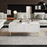 thumbnail of Couchtisch 100x50x40 cm Weiß MDF 2 Schubladen Metallbeine Moderner Wohnzimmer Tisch Aufbewahrung Ablagefunktion Gold Akzent
